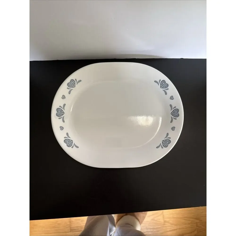 Vintage Corelle Country Cottage Blue Hearts Oval Serving Platter 10 x 12.25”